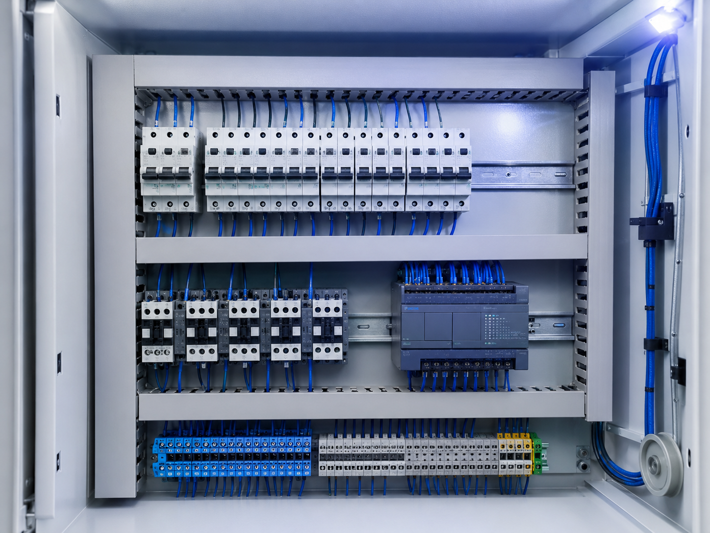 Tủ điện điều khiển, aptomat và PLC tự động hóa