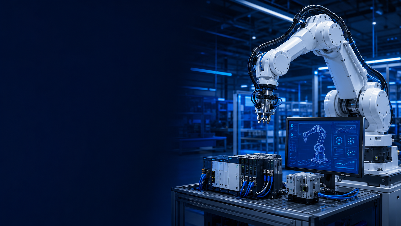 Cánh tay robot, PLC và hệ thống HMI trong nhà máy thông minh